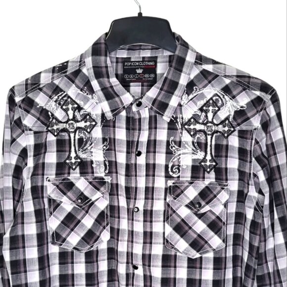 Pop Icon Clothing Men's Shirt Size XL Embroidered Dome Snap Black & White Plaid - Picture 3 of 12